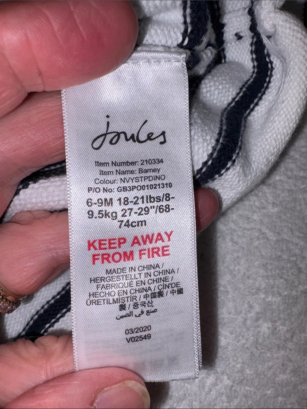 Joules Navy & White Striped Sweater with Blue Dinosaur 6/9m